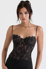 Corset Vyva Renda Samantha Preto com acabamento em renda floral