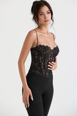 Corset Vyva Renda Samantha Preto visto lateralmente com estrutura leve