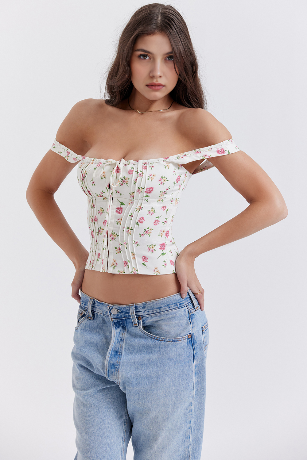Detalhe da estampa floral do Corset Vyva Maria com acabamento elegante