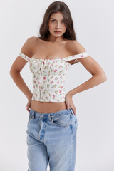 Detalhe da estampa floral do Corset Vyva Maria com acabamento elegante