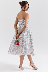 Vestido Vyva Bustier Ana em estampa floral, elegante e atemporal, com caimento sofisticado para ocasiões especiais