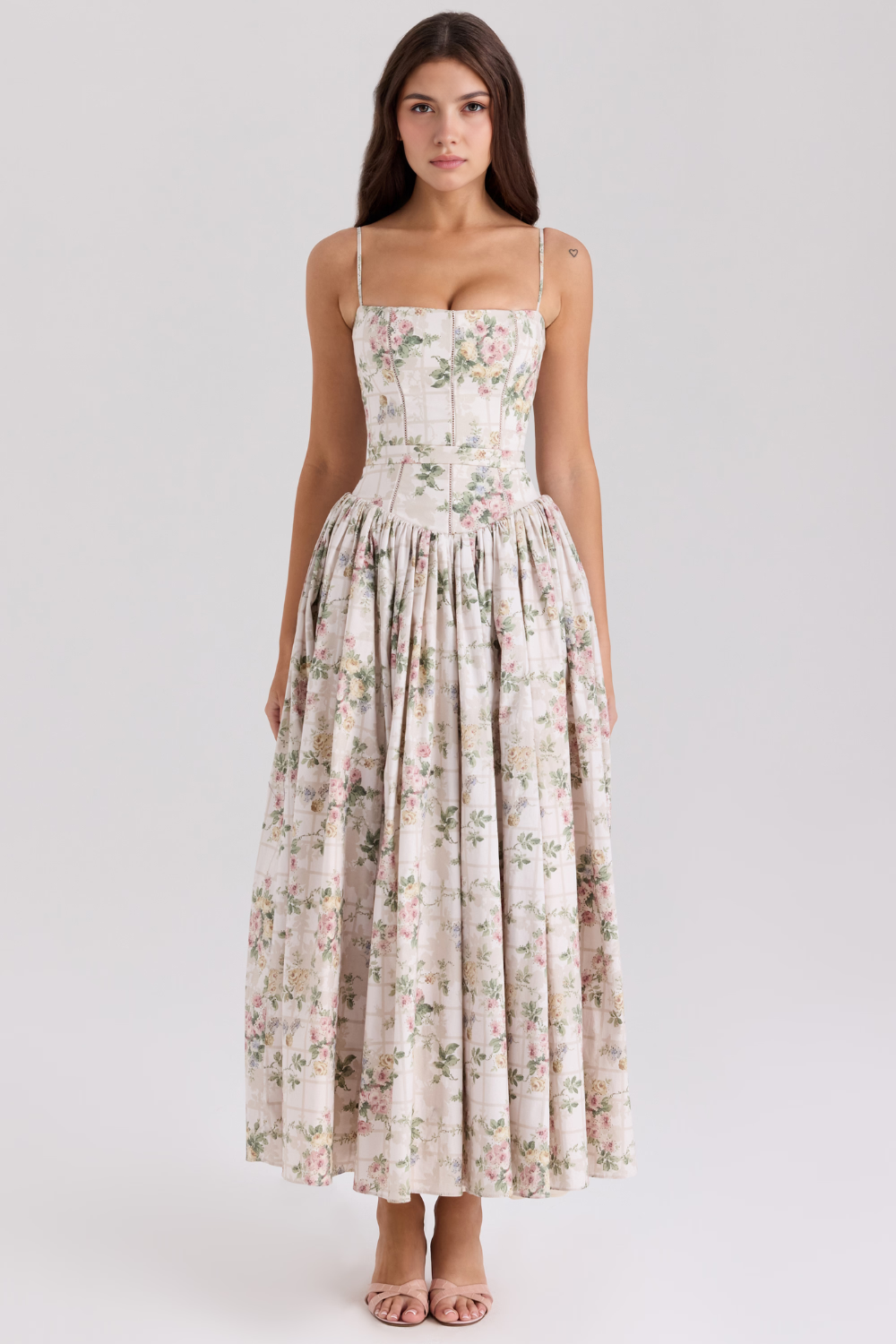 Vestido Vyva Modelador Ster longo floral em poliéster com corpete na cintura