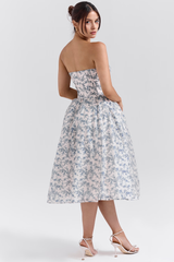 Vestido floral Vyva Bustier Ana, acinturado com busto estruturado e forro interno, ideal para eventos românticos e formais