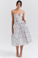 Vestido longo floral Vyva Bustier Ana com modelagem acinturada e busto estruturado, ideal para eventos elegantes